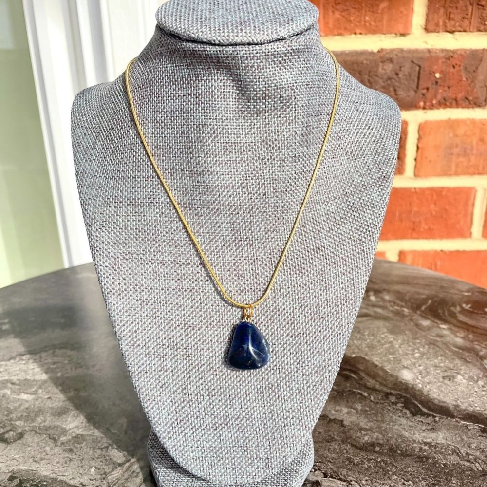 Tumbled Lapis Lazuli Pendant on Goldtone 16 inch Chain Necklace for Men or Women